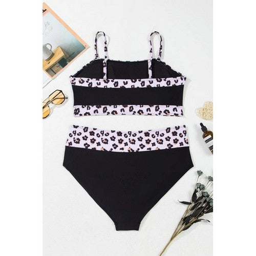 Plus Size Leopard Colorblock 2pc Bikini in Black