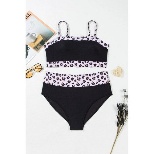 Plus Size Leopard Colorblock 2pc Bikini in Black