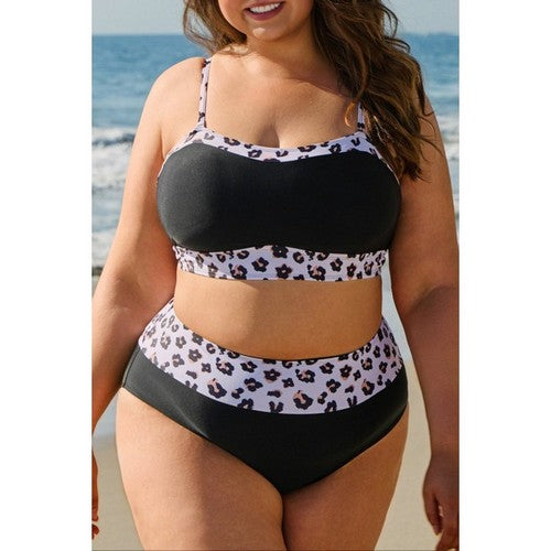 JBSPL43057-P2 Plus Size Leopard Colorblock Bikini in Black