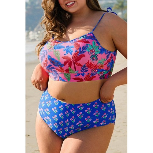 Plus Size Floral High Waist 2pc Bikini in Blue