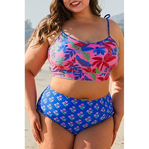 Plus Size Floral High Waist 2pc Bikini in Blue