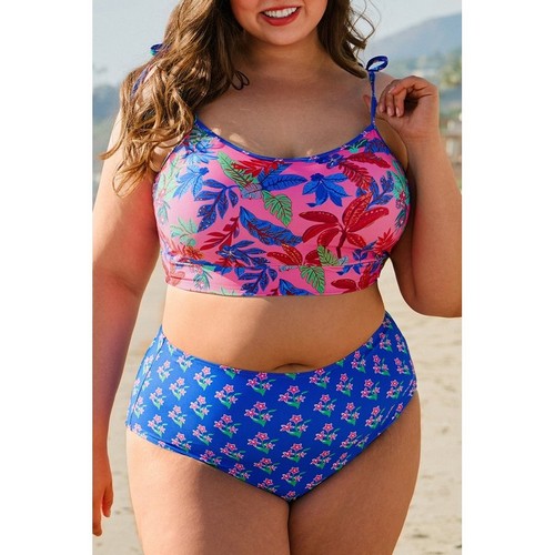 Plus Size Floral High Waist 2pc Bikini in Blue