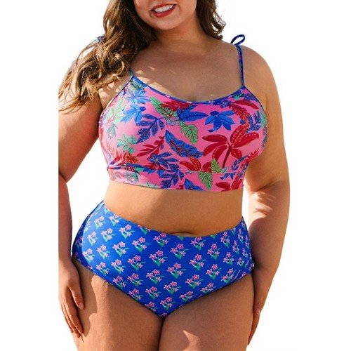 PL43058-P520 Plus Size Floral High Waist Bikini in Blue