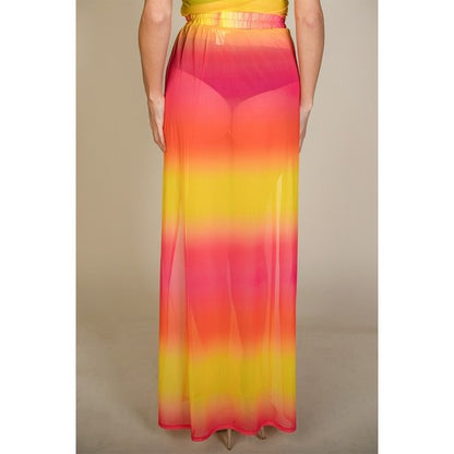 High Split Mesh Cover-Up Skirt in Fuchsia & Yellow Tie Dye