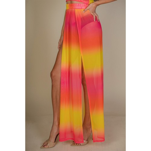 High Split Mesh Cover-Up Skirt in Fuchsia & Yellow Tie Dye