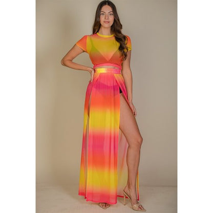 High Split Mesh Cover-Up Skirt in Fuchsia & Yellow Tie Dye