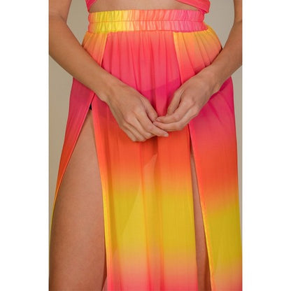 High Split Mesh Cover-Up Skirt in Fuchsia & Yellow Tie Dye