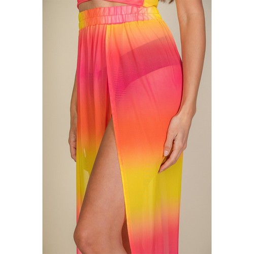 High Split Mesh Cover-Up Skirt in Fuchsia & Yellow Tie Dye
