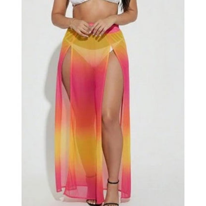 BS5489 High Split Mesh Cover-Up Skirt in Fuchsia & Yellow