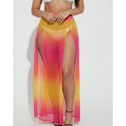 BS5489 High Split Mesh Cover-Up Skirt in Fuchsia & Yellow