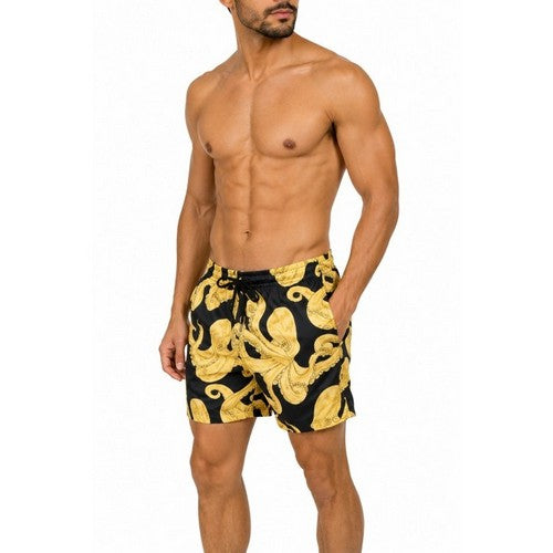 SS-1017 Octopus Print Swim Trunk Shorts in Black/Gold