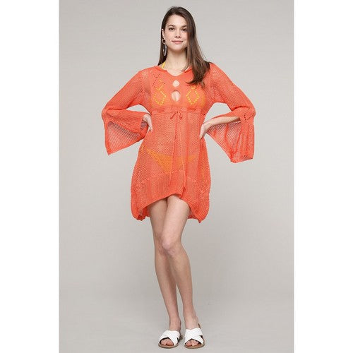 CHD578378 Bell Sleeve Crochet Cover Up Dress in Rosy