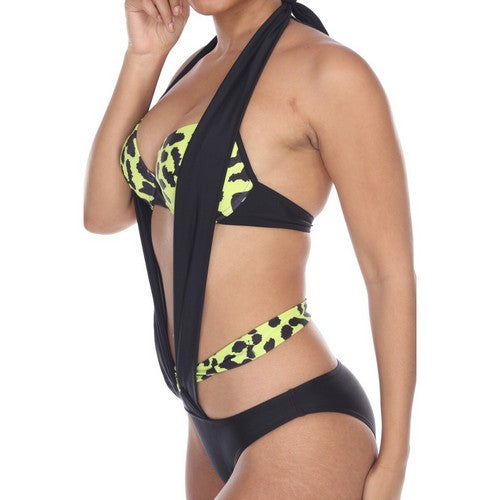 Leopard Print Strappy Halter Bathing Suit in Black & Lime Green