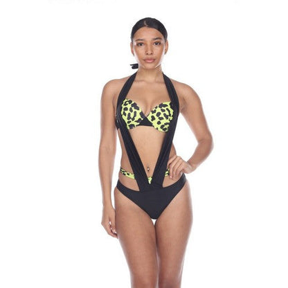 Leopard Print Strappy Halter Bathing Suit in Black & Lime Green