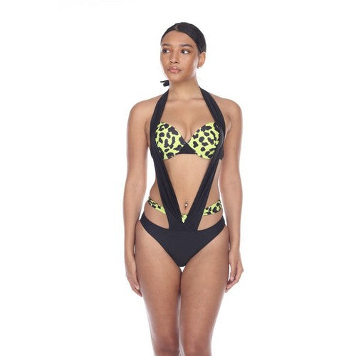 NSW5261 Leopard Print Halter Bathing Suit in Black & Lime