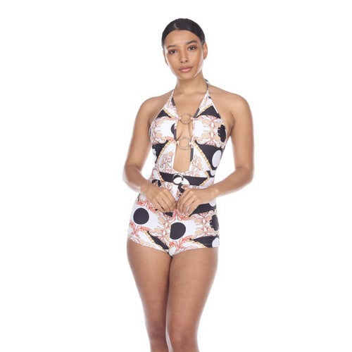 Ring Detail Romper Bathing Suit in Black/White/Gold Print