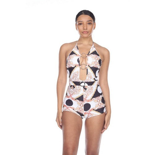NSW5259 Ring Detail Romper Bathing Suit in Black & White Print