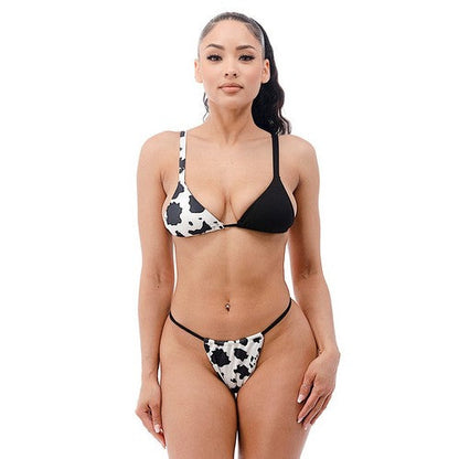 Cow Print Rib Padded Triangle Bikini in Black & White