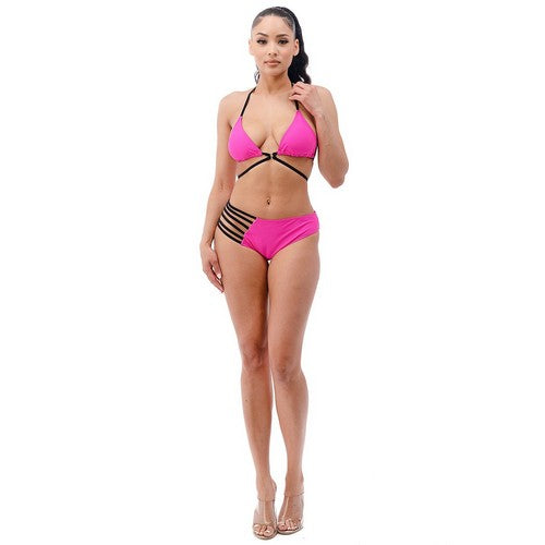Strappy Padded Triangle Bikini in Hot Pink