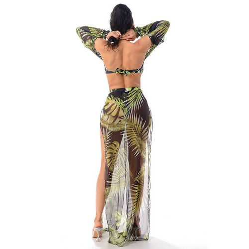 Long Sleeve Tube Bikini & Skirt Co-Ord Set in Tropical Black & Green