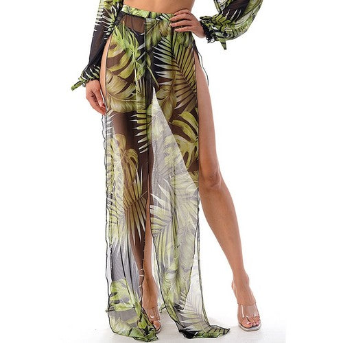 Long Sleeve Tube Bikini & Skirt Co-Ord Set in Tropical Black & Green