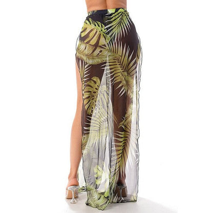 Long Sleeve Tube Bikini & Skirt Co-Ord Set in Tropical Black & Green