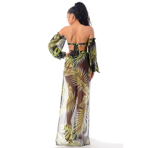 Long Sleeve Tube Bikini & Skirt Co-Ord Set in Tropical Black & Green