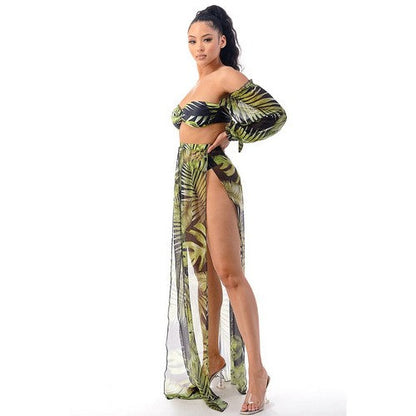 Long Sleeve Tube Bikini & Skirt Co-Ord Set in Tropical Black & Green