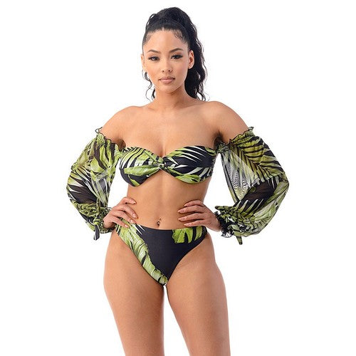 Long Sleeve Tube Bikini & Skirt Co-Ord Set in Tropical Black & Green