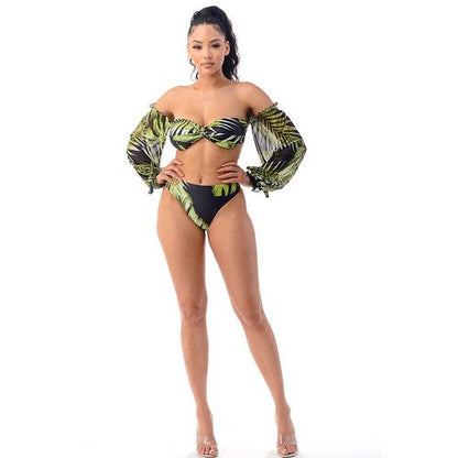 Long Sleeve Tube Bikini & Skirt Co-Ord Set in Tropical Black & Green