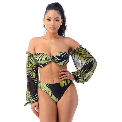 Long Sleeve Tube Bikini & Skirt Co-Ord Set in Tropical Black & Green