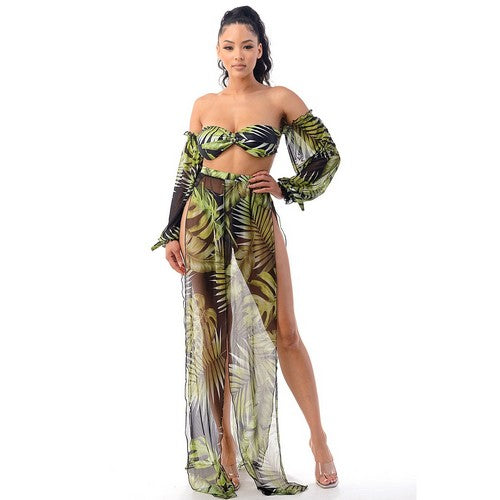 Long Sleeve Tube Bikini & Skirt Co-Ord Set in Tropical Black & Green