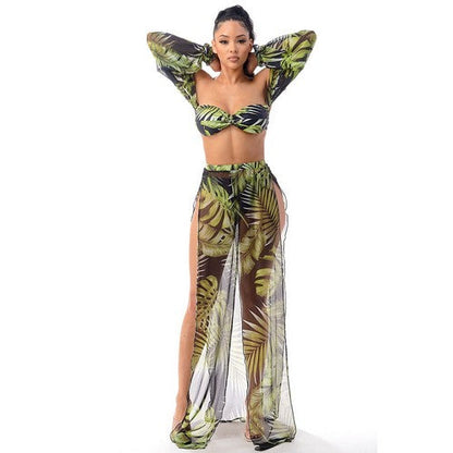 Long Sleeve Tube Bikini & Skirt Co-Ord Set in Tropical Black & Green