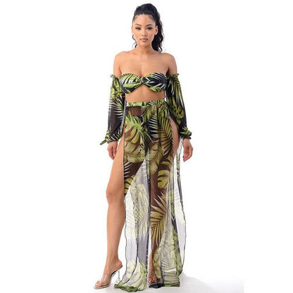 NSW5315 Long Sleeve Tube Bikini & Skirt Co-Ord Set in Tropical Black & Green