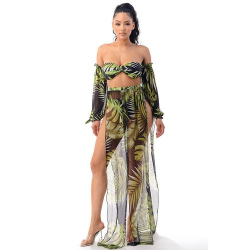 NSW5315 Long Sleeve Tube Bikini & Skirt Co-Ord Set in Tropical Black & Green