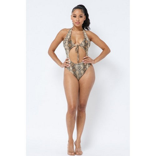Snake Print Open Front Halter Bathing Suit in Brown