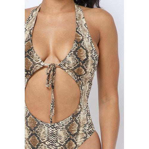Snake Print Open Front Halter Bathing Suit in Brown