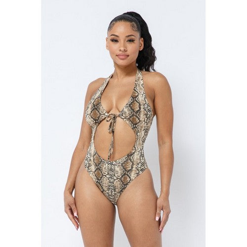 22619 Snake Open Front Halter Bathing Suit in Brown