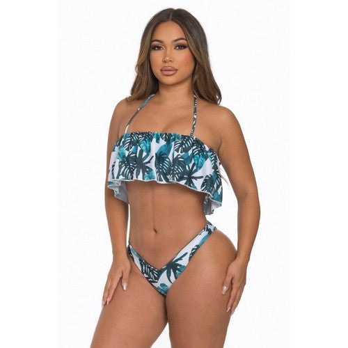 Ruffle Palm Tree Print Halter Bikini in Teal/White