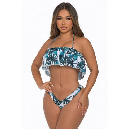 Ruffle Palm Tree Print Halter Bikini in Teal/White