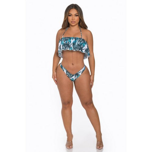 Ruffle Palm Tree Print Halter Bikini in Teal/White