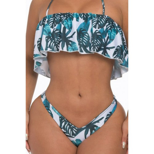 Ruffle Palm Tree Print Halter Bikini in Teal/White