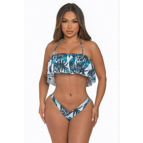 MM40504A Ruffle Palm Tree Print Halter Bikini in Turquoise