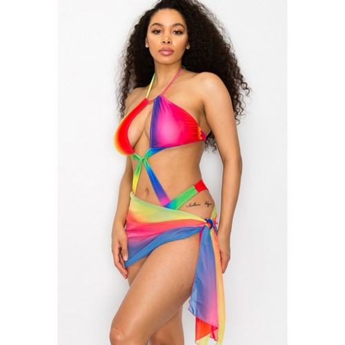 Cut-Out Halter Bathing Suit & Sarong 2pc Co-Ord Set in Multi