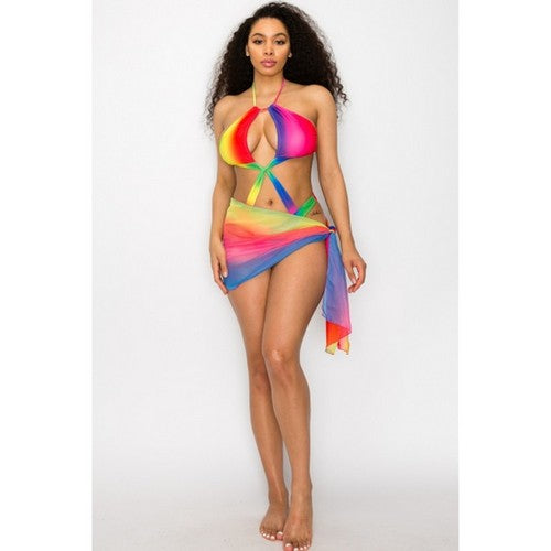 Cut-Out Halter Bathing Suit & Sarong 2pc Co-Ord Set in Multi