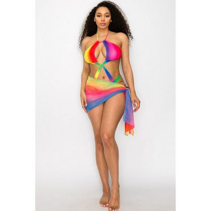 Cut-Out Halter Bathing Suit & Sarong 2pc Co-Ord Set in Multi
