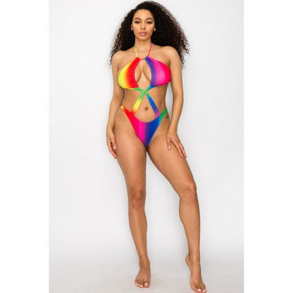 Cut-Out Halter Bathing Suit & Sarong 2pc Co-Ord Set in Multi
