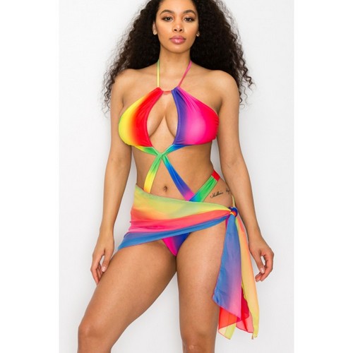 LJ6697S Cut-Out Halter Bathing Suit & Sarong Co-Ord Set in Multi