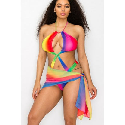 LJ6697S Cut-Out Halter Bathing Suit & Sarong Co-Ord Set in Multi