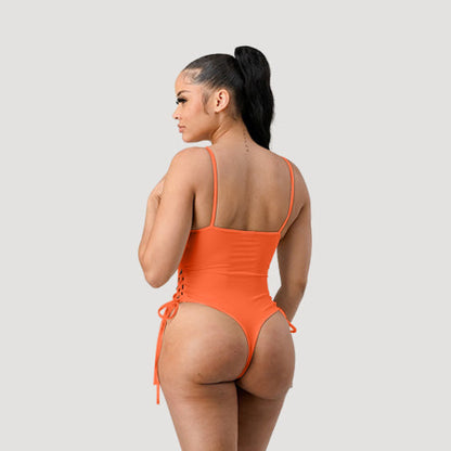 Lace-Up Side Bathing Suit in Neon Orange